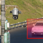 Traffic surveillance system with CCTV cameras monitoring vehicles for speeding.