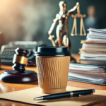 Coffee cup with a lid next to legal documents and a pen, with a blurred scale of justice symbol in the background, representing a lawsuit involving hot coffee and consumer safety.