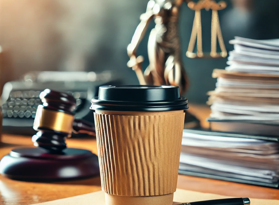 Coffee cup with a lid next to legal documents and a pen, with a blurred scale of justice symbol in the background, representing a lawsuit involving hot coffee and consumer safety.