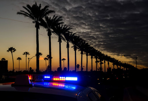 A police car with flashing lights at dusk near a row of palm trees, symbolizing the response to a serious highway crash involving a large dump truck and multiple vehicles on Highway 12 in Santa Rosa, California.