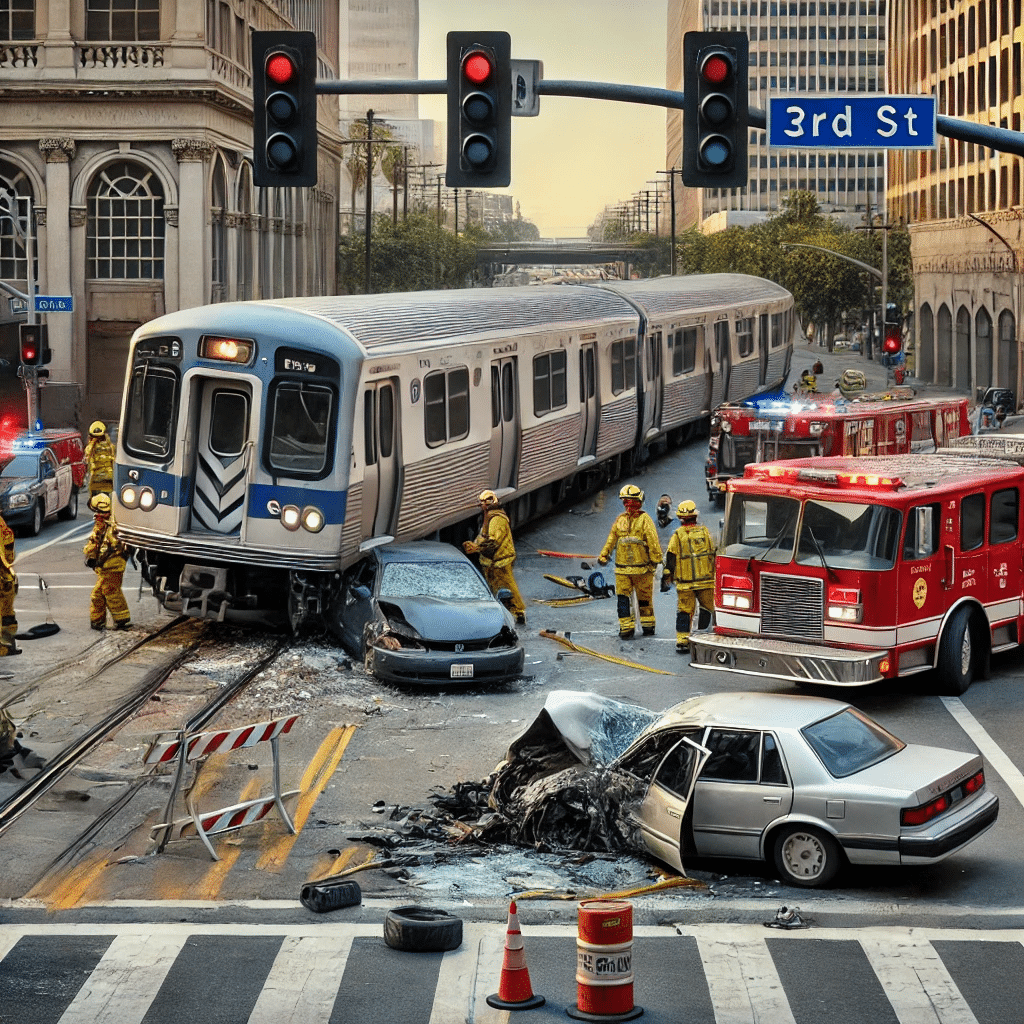 A Los Angeles Metro E Line train collided with two cars at a 3rd Street intersection.