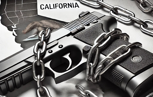 Handgun bound in chains representing locking down concealed carry laws in California