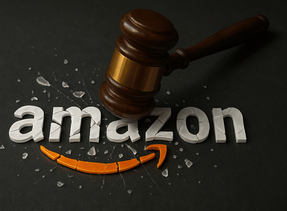 Gavel smashing Amazon logo representing Los Angeles product liability attorney Jeremy Robinson's winning track record.